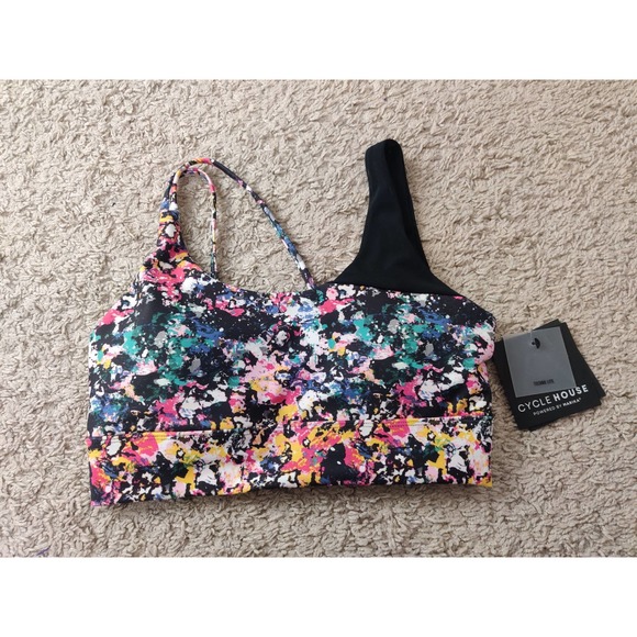 (V) NEW Marika Cycle House Printed hope Sports Bra sz S Berry Mix Painter Mix